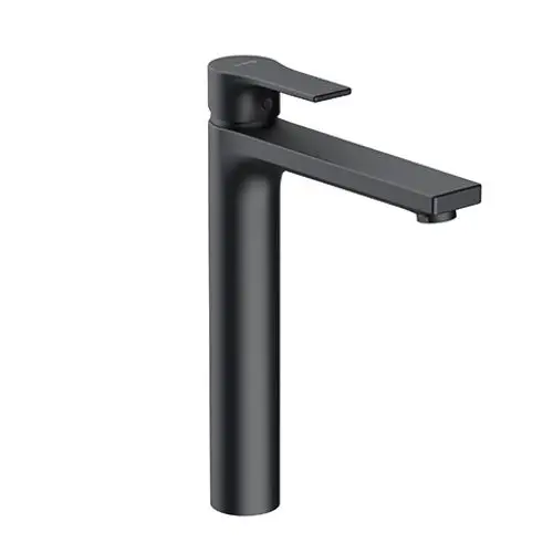 Waschbeckenarmatur in mattschwarz von Kludi mit schlankem Design und einem seitlichen Hebel zur Regulierung der Wasserzufuhr.